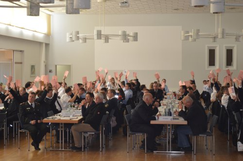 Abstimmung im Saal: zahlreiche Delegierte halten rote Stimmkarten hoch