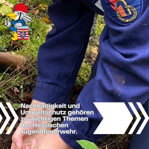 Kind in dunkelblauer Jugendfeuerwehr-Jacke pflanzt mit den Händen einen Setzling in die Erde; Schriftzug „Nachhaltigkeit und Umweltschutz gehören zu wichtigen Themen der Hessischen Jugendfeuerwehr“
