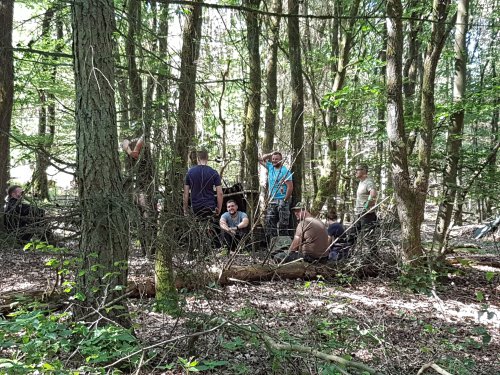 Gruppe im Wald beim Bau eines Unterschlupfs aus Ästen und Zweigen