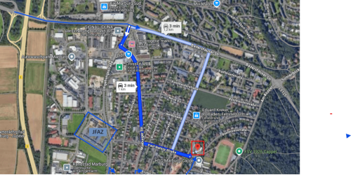Luftbild-Anfahrtsskizze zum Delegiertentag in Marburg-Cappel mit blau markierter Fahrtroute zum Bürgerhaus