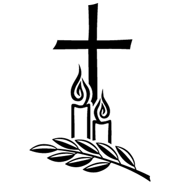 Schwarz-weiße Trauergrafik mit Kreuz, zwei brennenden Kerzen und einem Zweig