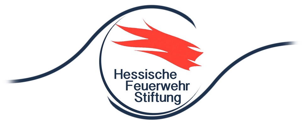 Logo der Hessischen Feuerwehr Stiftung mit roter Flammengrafik im Kreis und geschwungener Linie