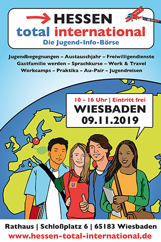 Plakat der Jugend-Info-Börse „Hessen total international" am 09.11.2019 in Wiesbaden mit illustrierten Jugendlichen vor einer Weltkugel