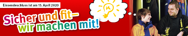 Banner mit dem Schriftzug „Sicher und fit - wir machen mit!" und dem Hinweis „Einsendeschluss ist am 15. April 2020", rechts zwei Jugendliche in Feuerwehrkleidung