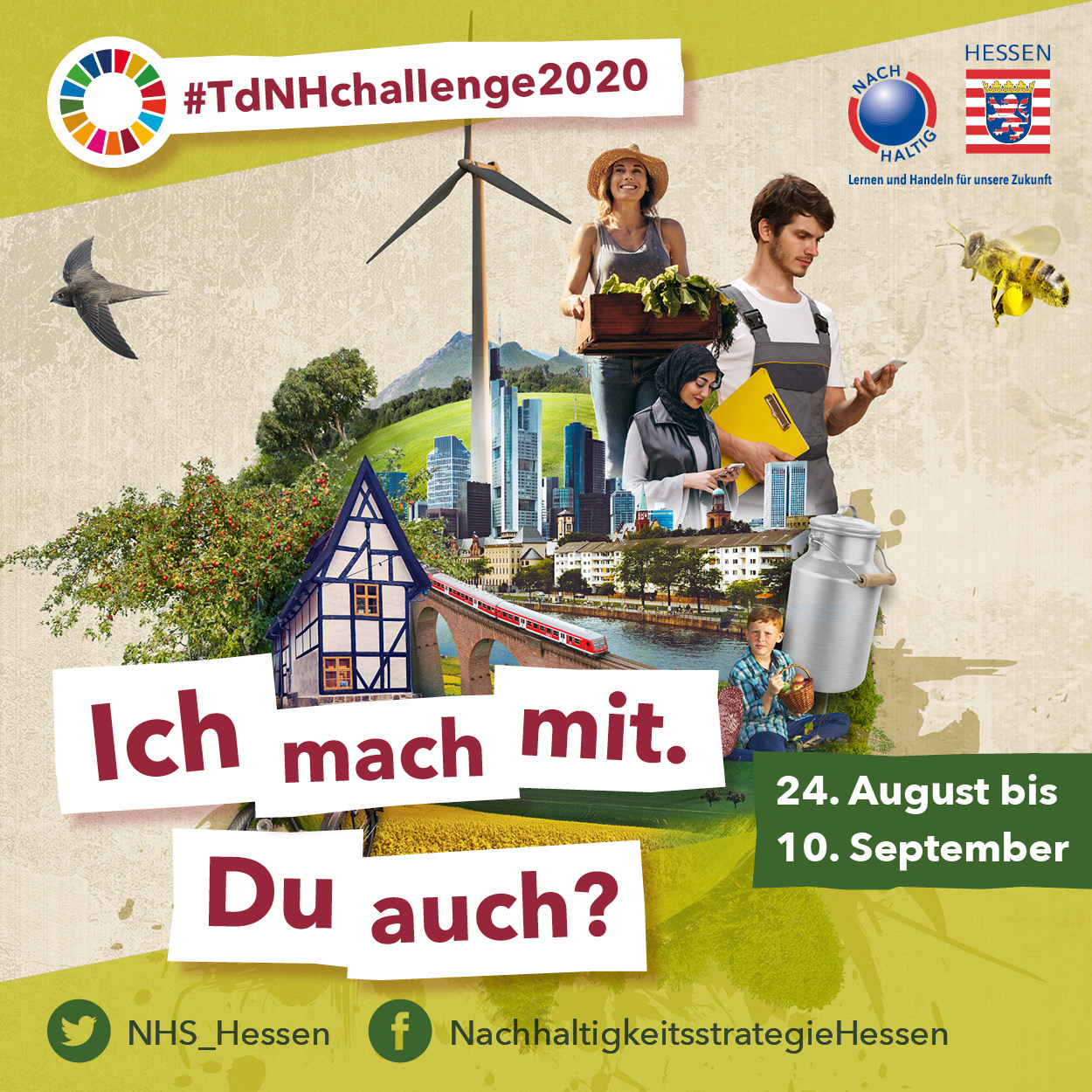 Werbegrafik zum Hessischen Tag der Nachhaltigkeit mit dem Hashtag #TdNHchallenge2020, dem Aufruf „Ich mach mit. Du auch?" und dem Zeitraum 24. August bis 10. September