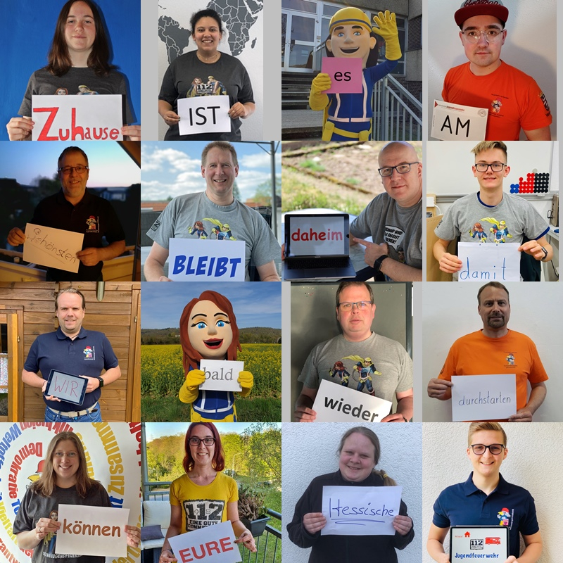 Bildcollage vieler Personen und Maskottchen der Jugendfeuerwehr, die je ein Schild mit einem Wort hochhalten und zusammen die Botschaft „Zuhause ist am Wochenende … bleibt … damit wir bald wieder durchstarten können, eure hessische Jugendfeuerwehr" ergeben