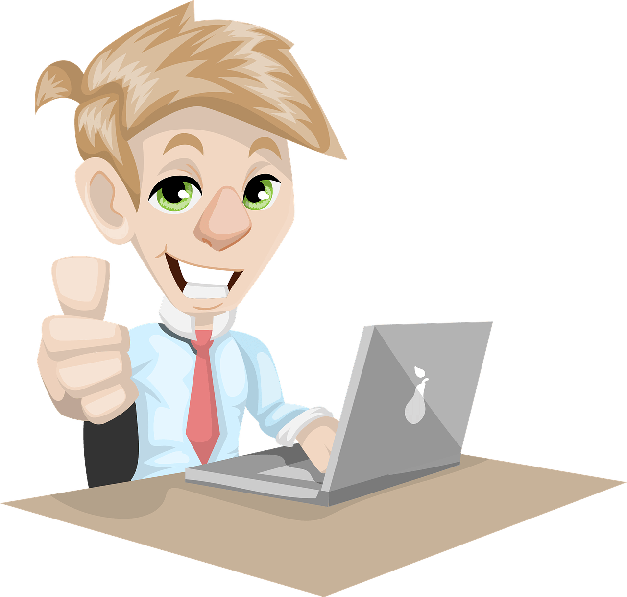 Comic-Grafik eines lächelnden jungen Mannes mit Hemd und Krawatte, der am Laptop sitzt und den Daumen hochhält