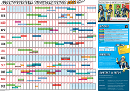 Jahresplaner-Poster „Jugendfeuerwehr Bildungskalender 2021" mit farbiger Monatsübersicht der Lehrgänge und Infoblöcken am Rand