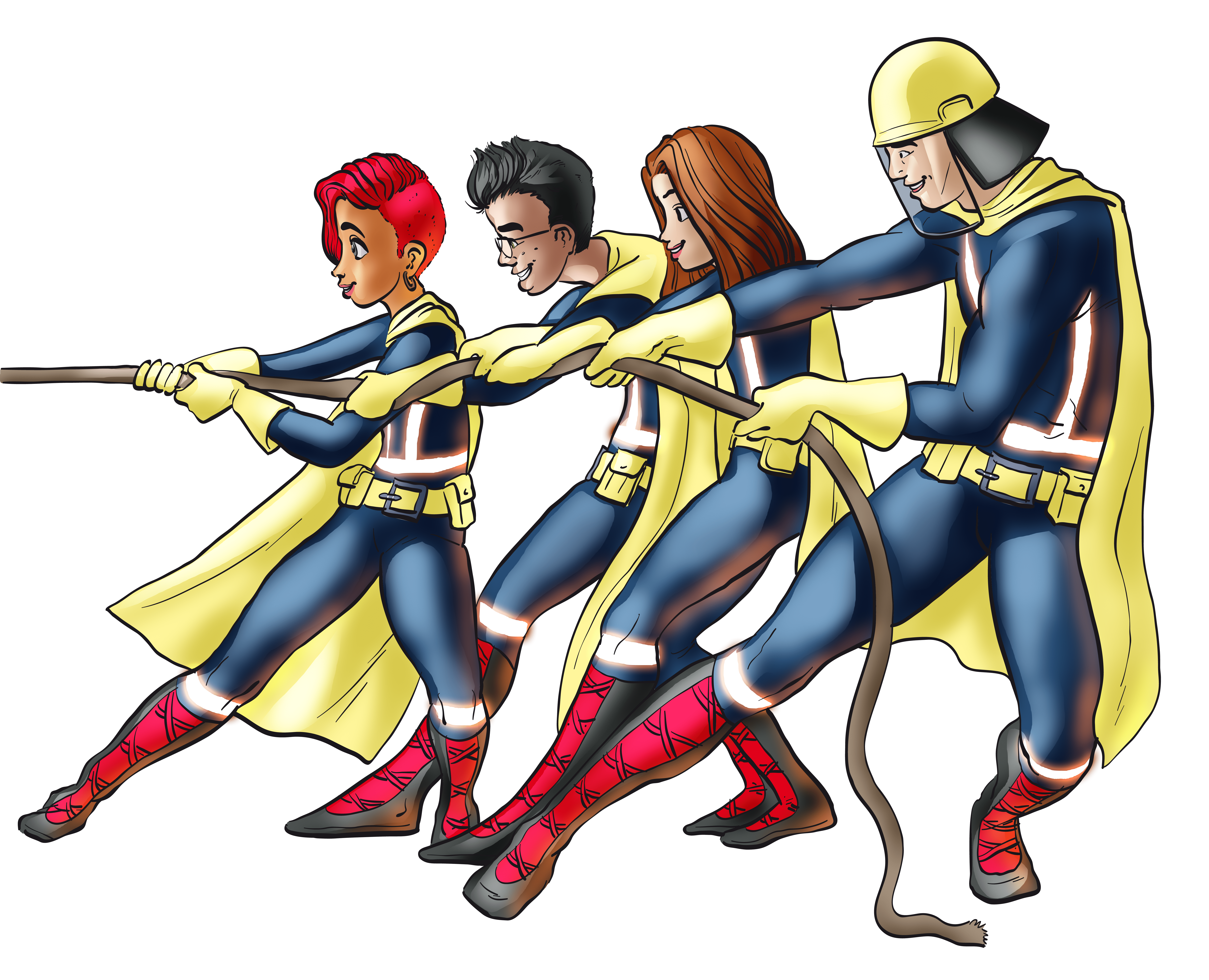 Comic-Grafik der vier Superheldenfiguren der Jugendfeuerwehr, die gemeinsam an einem Tau ziehen