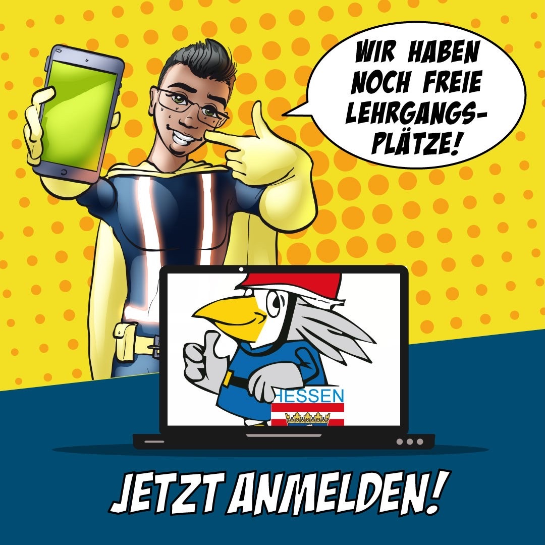 Comic-Grafik eines Feuerwehr-Helden mit Smartphone und Sprechblase „Wir haben noch freie Lehrgangsplätze!" sowie dem Aufruf „Jetzt anmelden!"