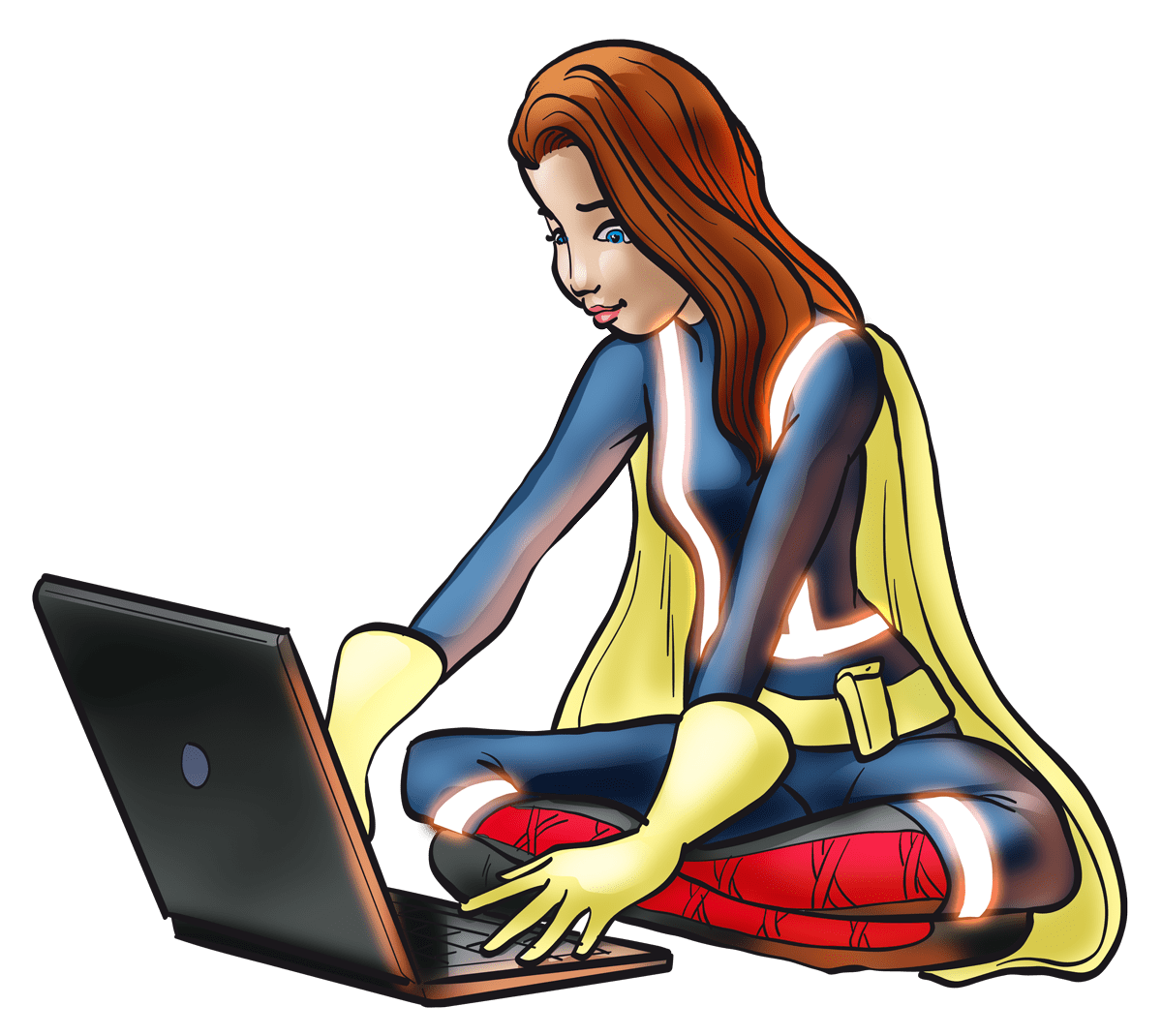 Comic-Grafik einer Feuerwehr-Heldin im Schneidersitz, die an einem Laptop tippt