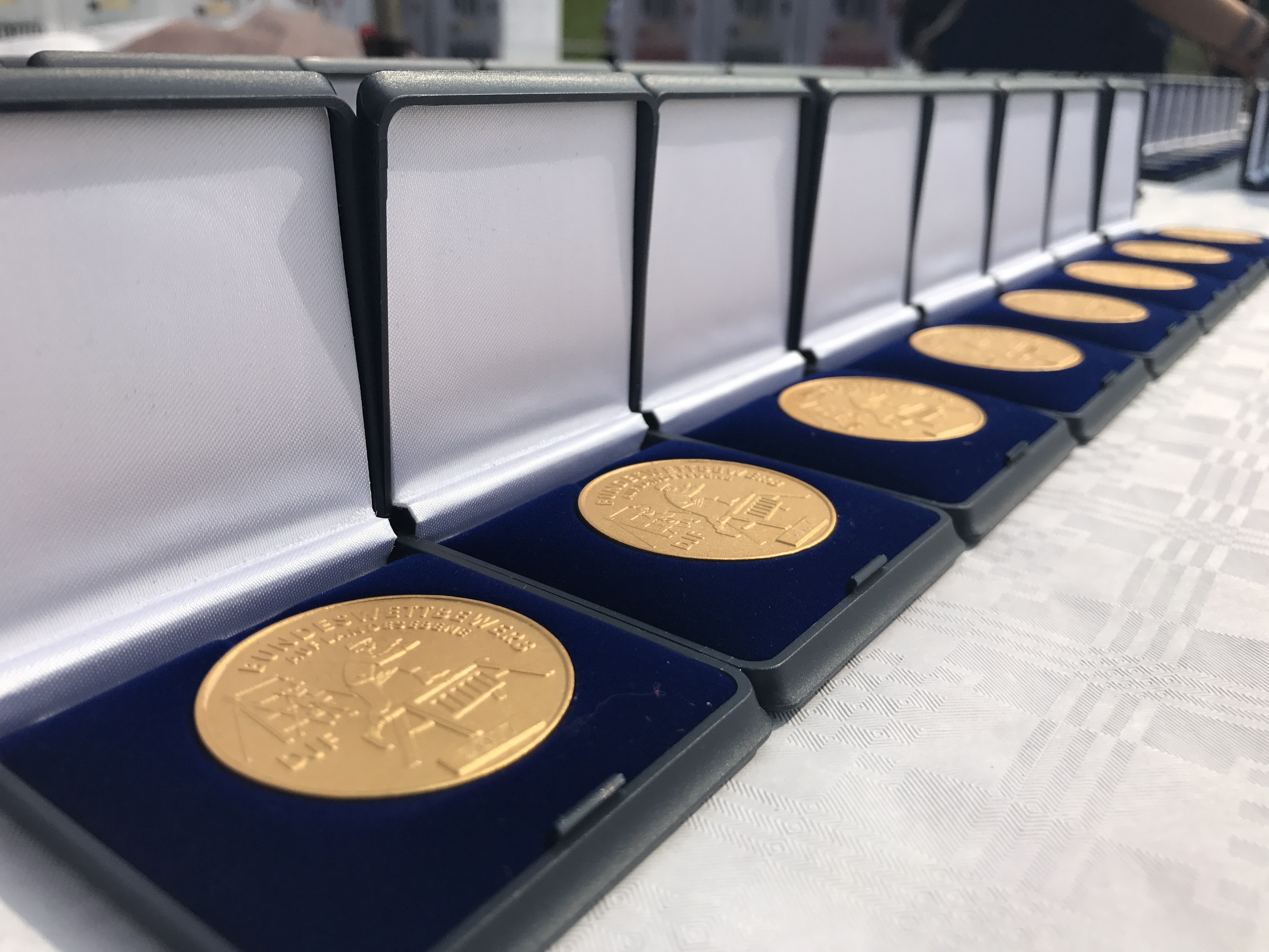 Lange Reihe geöffneter Schmucketuis mit goldenen Wettbewerbsmedaillen auf blauem Samt
