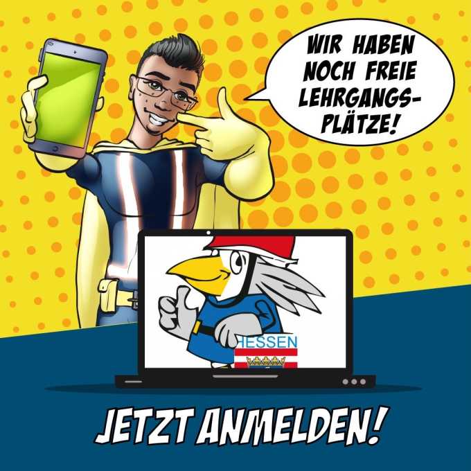 Comic-Grafik einer Superheldenfigur mit Smartphone und Sprechblase „Wir haben noch freie Lehrgangsplätze!" sowie dem Schriftzug „Jetzt anmelden!"
