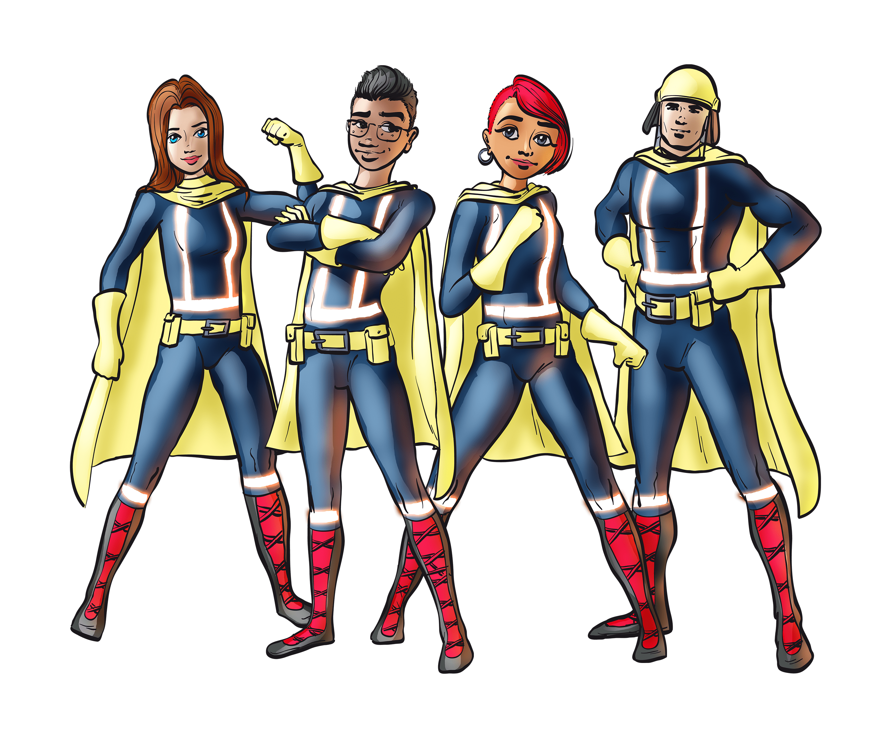 Comic-Grafik mit vier Superheldenfiguren in blauen Anzügen mit gelben Umhängen, den Maskottchen der Hessischen Jugendfeuerwehr