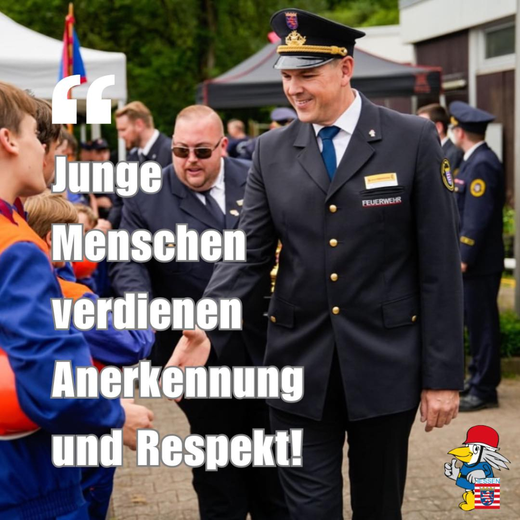 Feuerwehrmann in dunkler Uniform mit Mütze gibt Kindern in Jugendfeuerwehr-Kleidung die Hand; eingeblendeter Schriftzug „Junge Menschen verdienen Anerkennung und Respekt!" und Maskottchen der Hessischen Jugendfeuerwehr
