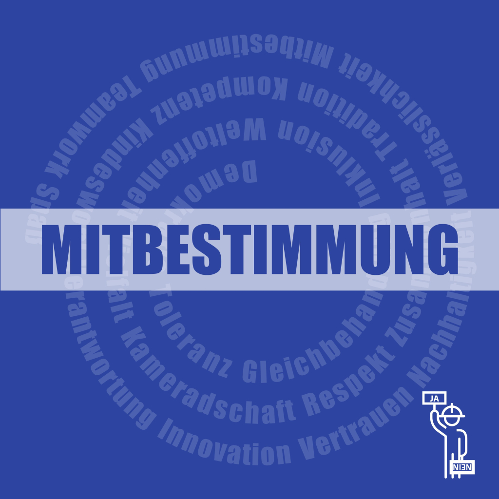 Blaue Grafik mit dem großen Schriftzug ‚MITBESTIMMUNG', umgeben von kreisförmig angeordneten Wertebegriffen wie Demokratie, Toleranz und Respekt.
