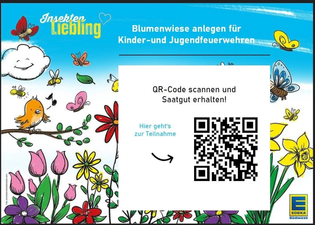 Bunte Aktionsgrafik mit gezeichneter Blumenwiese, Schmetterlingen und dem Schriftzug ‚Blumenwiese anlegen für Kinder- und Jugendfeuerwehren' sowie einem QR-Code zum Erhalt von Saatgut, unten das EDEKA-Südwest-Logo.