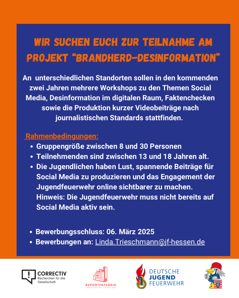 Rote Infografik mit dem Schriftzug ‚Wir suchen euch zur Teilnahme am Projekt Brandherd-Desinformation' und Hinweisen zu Teilnahmebedingungen und Bewerbung, unten die Logos von CORRECTIV und Deutscher Jugendfeuerwehr.