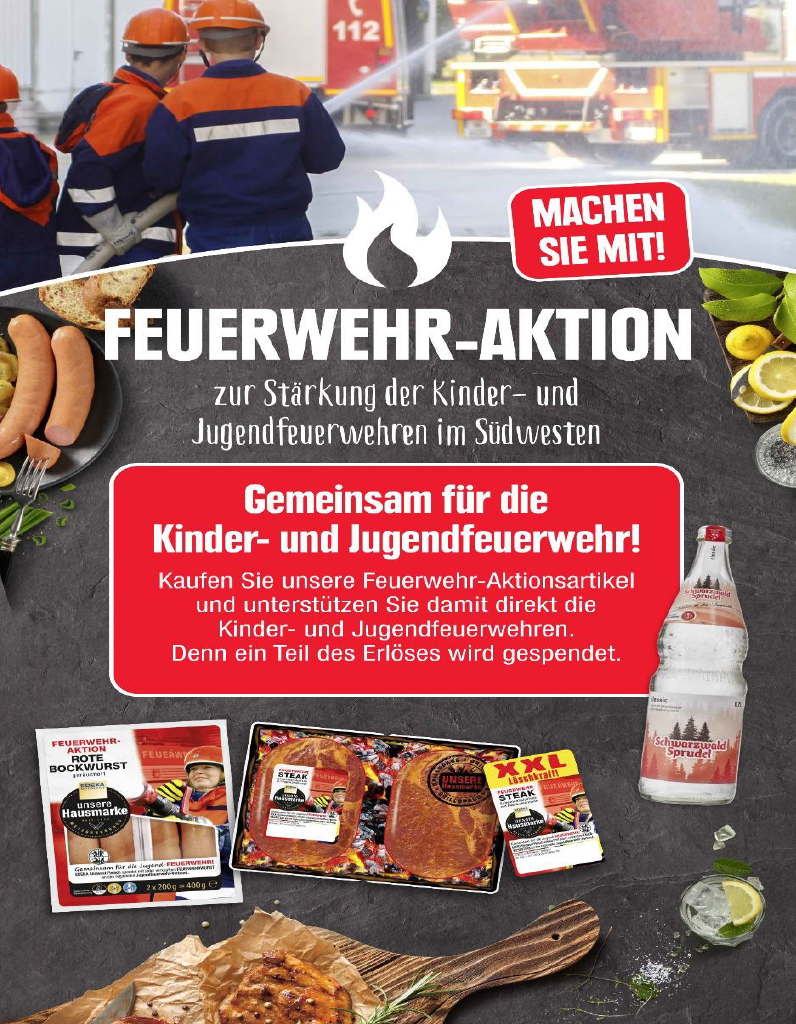 Werbeplakat mit dem Schriftzug ‚Feuerwehr-Aktion zur Stärkung der Kinder- und Jugendfeuerwehren im Südwesten', Aktionsprodukten wie Wurst und Mineralwasser sowie dem Hinweis ‚Machen Sie mit'.