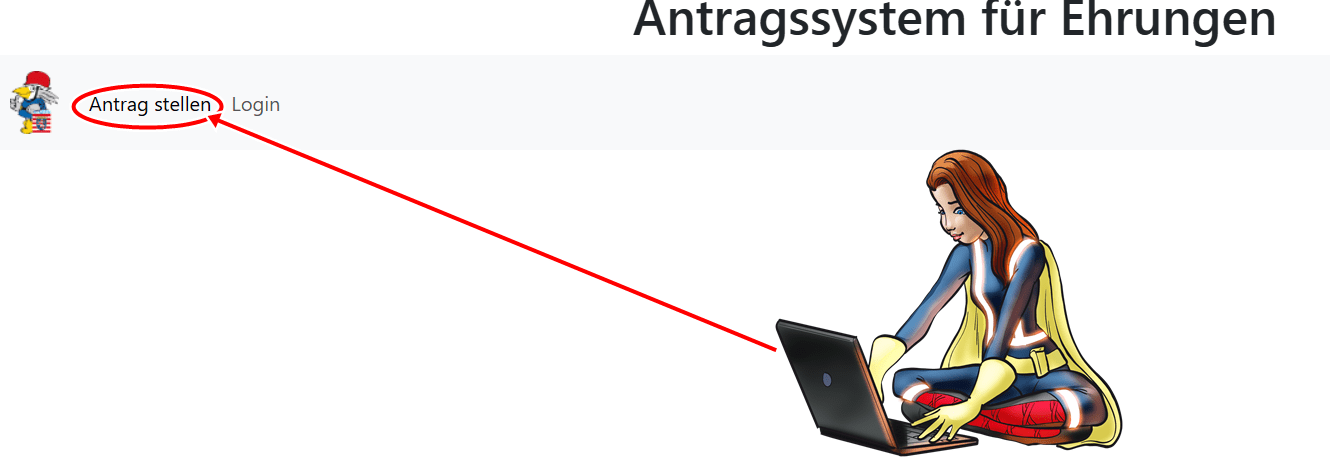 Screenshot des Antragssystems für Ehrungen mit markiertem Menüpunkt ‚Antrag stellen' und einer gezeichneten Heldin in Feuerwehruniform am Laptop.