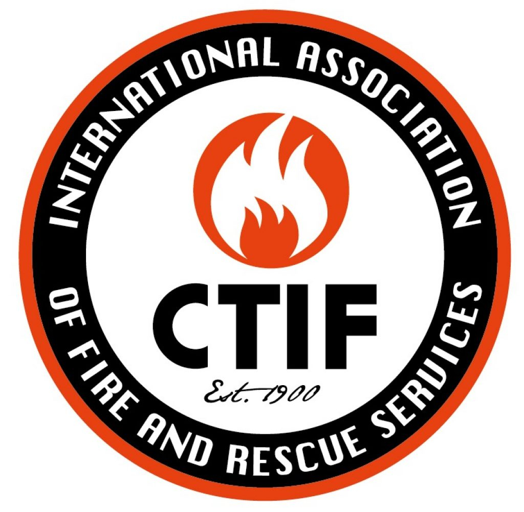 Rundes Logo der CTIF mit Flammen-Symbol und dem Schriftzug ‚International Association of Fire and Rescue Services, Est. 1900'.