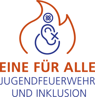 Logo mit stilisierter Flamme, einem Ohr-Symbol und dem Schriftzug ‚Eine für alle – Jugendfeuerwehr und Inklusion'.