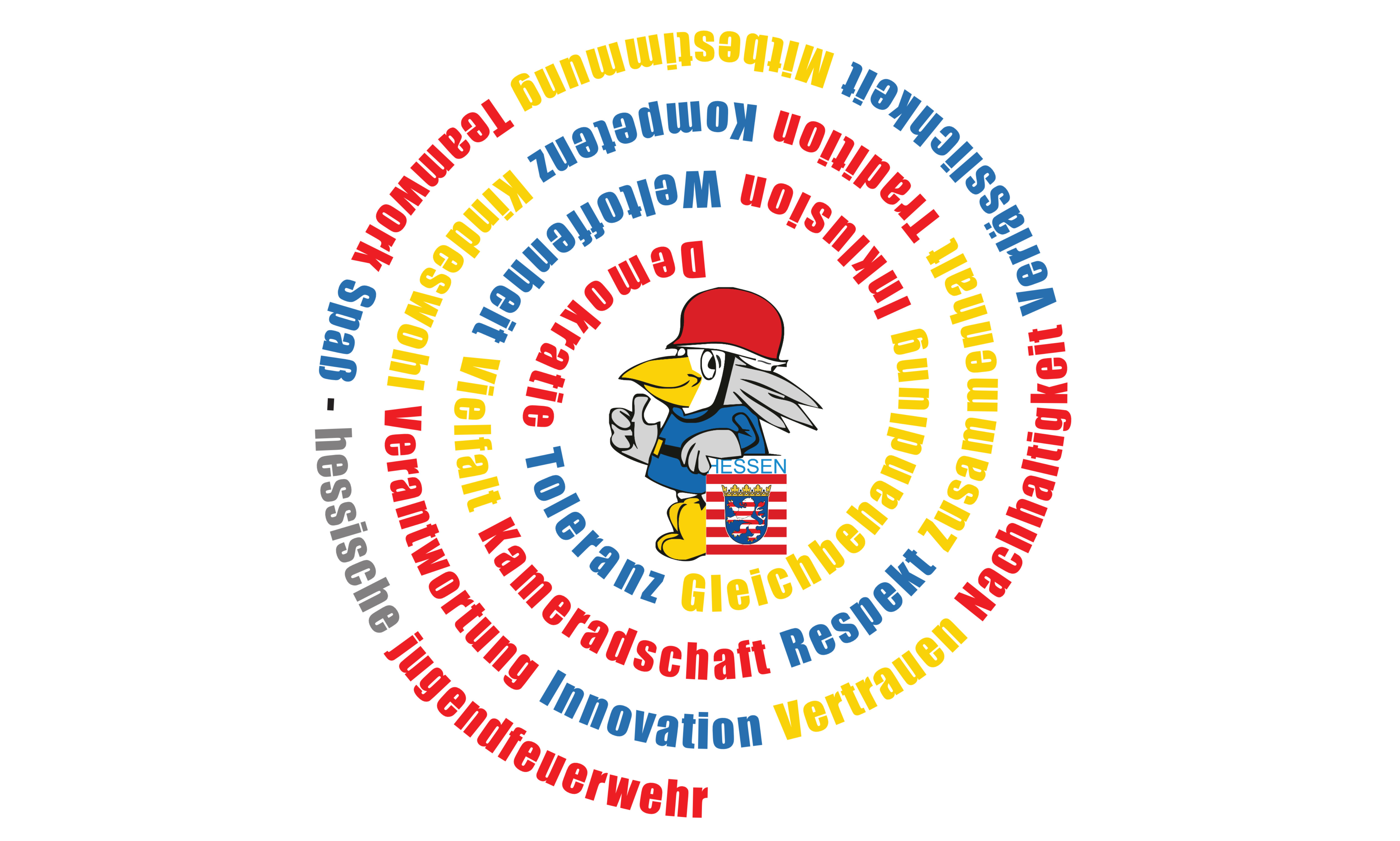 Grafik mit dem Maskottchen der Hessischen Jugendfeuerwehr, umgeben von spiralförmig angeordneten Wertebegriffen wie Kameradschaft, Respekt, Vielfalt und Nachhaltigkeit