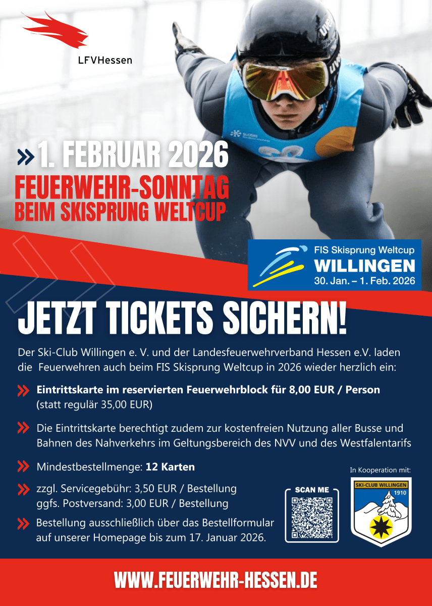 Einladungsplakat zum Feuerwehr-Sonntag beim FIS Skisprung Weltcup Willingen am 1. Februar 2026 mit dem Schriftzug „Jetzt Tickets sichern!" und Bestellinformationen