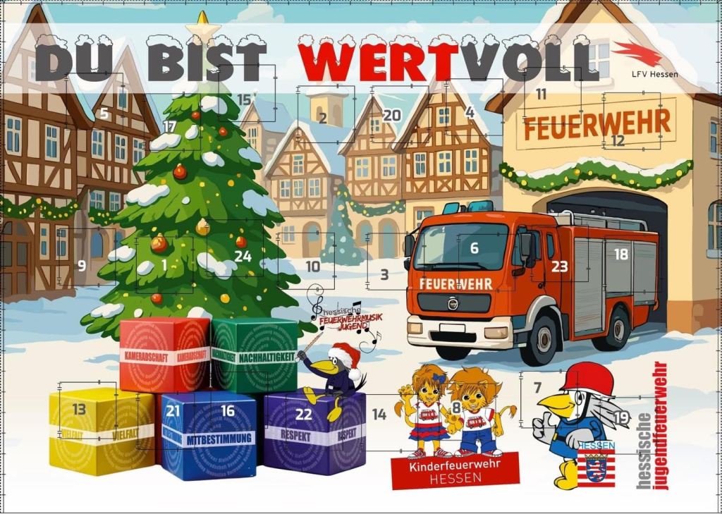 Illustrierter Adventskalender mit winterlichem Fachwerkort, geschmücktem Tannenbaum, Feuerwehrauto und dem Schriftzug „Du bist wertvoll" sowie nummerierten Türchen