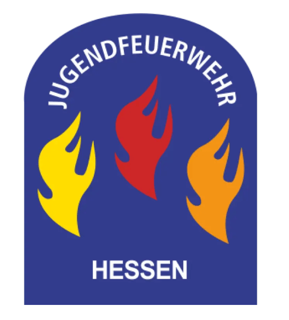 Blaues Abzeichen der Jugendflamme mit drei Flammen in Gelb, Rot und Orange sowie den Schriftzügen „Jugendfeuerwehr" und „Hessen"