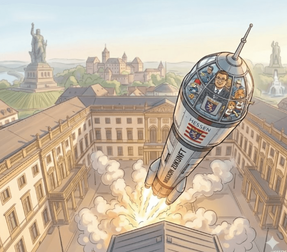 Illustration einer wie eine Rakete startenden Feuerwehr-Steckdraisine über den Dächern von Wiesbaden mit Schloss und Stadtsilhouette im Hintergrund