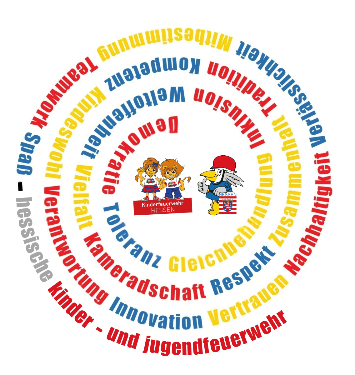 Grafik mit den Maskottchen der Kinderfeuerwehr und der Hessischen Jugendfeuerwehr, umgeben von spiralförmig angeordneten Wertebegriffen wie Kameradschaft, Respekt und Vielfalt